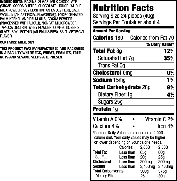 YumBees Chocolate Covered Raisins Ingredients & Nutrition Facts